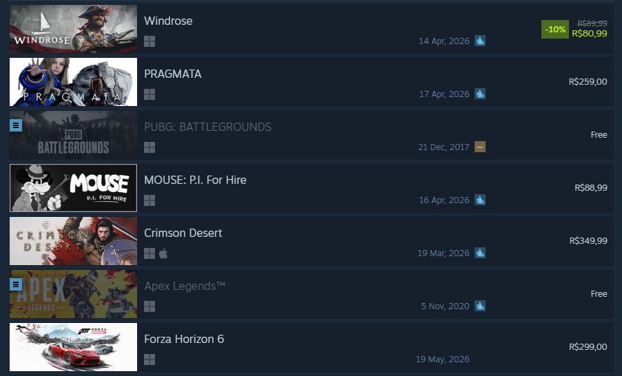 Lista de jogos Steam 2026 com preços de ARC Raiders, Red Dead 2, Crimson Desert e Pragmata